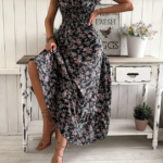 Kadın Kısa Kollu Kruvaze Yaka Beli Lastikli çiçek Desenli Elbise