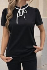 Kadın Kısa Kollu Yakası Fırfırlı Bağcıklı Janjan Krep Bluz - Görsel 2