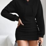 Kadın Uzun Kollu Kapşonlu Yandan Büzgülü Mini Viskon Iki Iplik Elbise