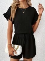 Kadın Kısa Kollu Bisiklet Yaka Bürümcük Bluz Ve Kısa Short Ikili Takım - Görsel 4