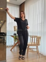 Kadın Kısa Kollu V Yakalı Pul Payetli Viskon Iki Iplik Bluz Ve Pantolon Ikili Takım - Görsel 4