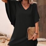 Kadın Kısa Kollu V Yakalı Yanları Volanlı Kısa Ithal Krep Elbise