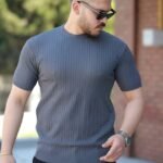 Erkek Bisiklet Yaka örgü Desenli Kısa örme Triko Kısa Kollu T-shirt