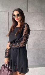 Kadın Uzun Kollu Yuvarlak Yaka Kol Ve Etek Ucu Dantelli Kısa Ithal Krep Elbise - Görsel 2