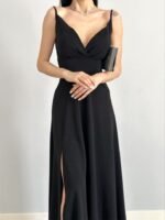 Kadın Ip Askılı Kruvaze Yaka Maxi Boy Abiye Elbise - Görsel 4