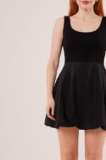 Kalın Askılı Balon Etek Siyah Mini Elbise - Görsel 4