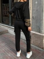 Kadın Uzun Kollu Kapşonlu Leopar Desenli Viskon Iki Iplik Bluz Ve Pantolon Ikili Takım - Görsel 5