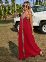 Kadın Askılı V Yakalı Etnik şerit Detaylı Uzun Viskon Elbise - Görsel 6