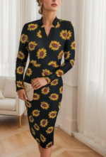 Kadın Uzun Kollu V Yaka Puantiyeli Krep Midi Boy Elbise - Görsel 6