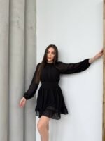 Kadın Yarım Balıkçı Yaka Kolları Transparan Astarlı Full şifon Elbise - Görsel 4