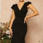 Kadın Kısa Kelebek Kollu Kruvaze Yaka Ithal Krep Midi Elbise