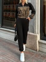 Kadın Uzun Kollu Kapşonlu Leopar Desenli Viskon Iki Iplik Bluz Ve Pantolon Ikili Takım - Görsel 2