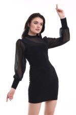 Kadın Balıkçı Yaka Transparan Detay Fırsat ürün Sandy Kumaş Mini Elbise - Görsel 5