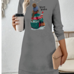 Kadın Uzun Kollu Bisiklet Yaka Desenli Viskon Iki Iplik Elbise