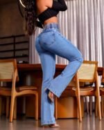 Kadın Yüksek Bel Yanları Lastik önü Düğmeli Kot Pantolon - Görsel 2