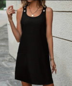 Kadın Kolsuz Kalın Askılı Düğme Detay Cepli Keten Elbise - Görsel 3