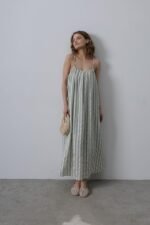 Askılı Çizgi Desen Elbise - Haki - Görsel 4