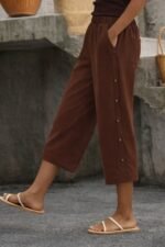 Kadın Yüksel Bel Lastikli Yandan Dügme Detaylı Midi Pantolon