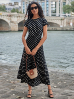 Kadın Kısa Kollu Bisiklet Yaka Puantiyeli Maksi örme Krep Elbise - Görsel 3
