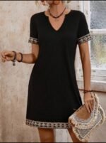 Şerit Detay V Yaka Yandan Cepli Viskon Elbise - Görsel 5