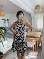 Kadın Kolsuz Sırttan Bağlamalı Fırfırlı Leopar Desenli Süprem Elbise - Görsel 6