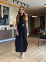 Kadın Sıfır Kollu Bisiklet Yaka Belden Büzgülü Yırtmaç Detaylı Janjan Krep Elbise - Görsel 2