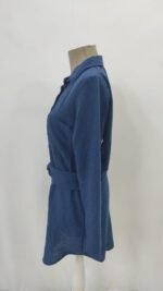 Kadın Uzun Kollu Yakalı önden Düğmeli Beli Kuşaklı Mini Ithal Keten Elbise - Görsel 4