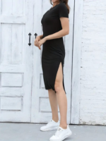 Kadın Kısa Kollu Yanı Yırtmaçlı Bisiklet Yaka Dizde Viskon Elbise - Görsel 2