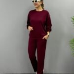 Kadın Uzun Kollu Bisiklet Yaka Viskon Iki Iplik Bluz Ve Pantolon Ikili Takım