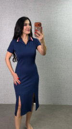 Kadın Polo Yaka çift Yırtmaç Detay Modal Kumaş Midi Boy Elbise