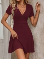 Kadın Kısa Kollu Kruvaze Yaka A Kesim Kalın Fitilli Kaşkorse Elbise - Görsel 2