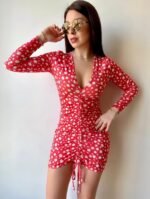 Kadın V Yaka önü Asansör Büzgü Detay Fırsat ürün Puantiyeli Mini Elbise - Görsel 3