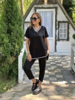 Kadın Kısa Kollu V Yakalı Iki Iplik Bluz Ve Pantolon Ikili Takım - Görsel 3