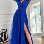 Kadın Uzun Kollu Kruvaze Yakalı Belden Kuşaklı Tüllü Uzun Ithal Krep Elbise