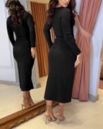 Kadın Uzun Kollu Kruvaze Yaka Yandan Toka Detaylı önden çapraz Detaylı Ottoman Elbise - Görsel 4