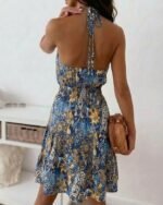 Kadın Omuzlardan Açık Beli Lastikli Desenli Kısa Süprem Elbise - Görsel 4