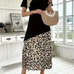 Kadın Kısa Kollu Bisiklet Yaka Leopar Detaylı Midi üst Viskon Alt Süprem Elbise