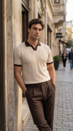 Erkek Örgü Desen Yakalı Kısa Kollu Triko Tişört - %100 Pamuk Akrilik - Görsel 5