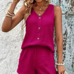 Kadın Askılı Kolsuz V Yakalı önden Düğmeli Bürümcük Bluz Ve Short Ikili Takım