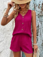 Kadın Askılı Kolsuz V Yakalı önden Düğmeli Bürümcük Bluz Ve Short Ikili Takım