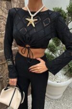 Göğüs Bağcık Detaylı Ajurlu Bluz Pantolon Takım 10098 - Görsel 9