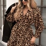 Kadın Uzun Kollu Kruvaze Yakalı Fırfırlı Belden Kuşaklı Leopar Desen Modal Elbise
