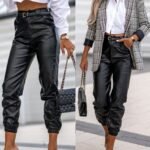 Kadın Pantolon Paçası Lastikli Deri Pantolon (kemersiz)