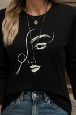 Kadın Uzun Kollu Bisiklet Yaka Yüz Desenli Viskon Bluz - Görsel 2