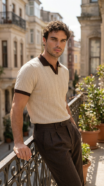 Erkek Örgü Desen Yakalı Kısa Kollu Triko Tişört - %100 Pamuk Akrilik - Görsel 6