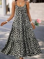 Kadın Askılı Yuvarlak Yaka Fırfırlı Desenli Uzun Bürümcük Elbise - Görsel 3