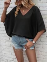 Kadın Kısa Kollu V Yakalı Salaş Viskon Bluz