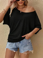 Kadın Tek Omuzu Açık Kısa Kollu Salaş Viskon Bluz - Görsel 5