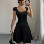 Kadın Kısa Kollu Geometrik Yakalı Janjan Krep Elbise