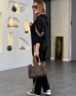 Kadın Kapüşonlu Leopar Detay Sweat Ve Yüksek Bel Yanları Leopar şeritli Bol Paça Pantolon Ikili Takım - Görsel 4